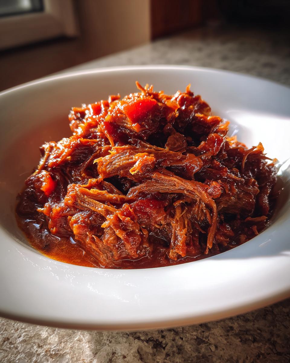 Close-up of rich, shredded beef in a savory sauce, perfect for Slow Cooker Beef Ragu Whole30 Paleo.