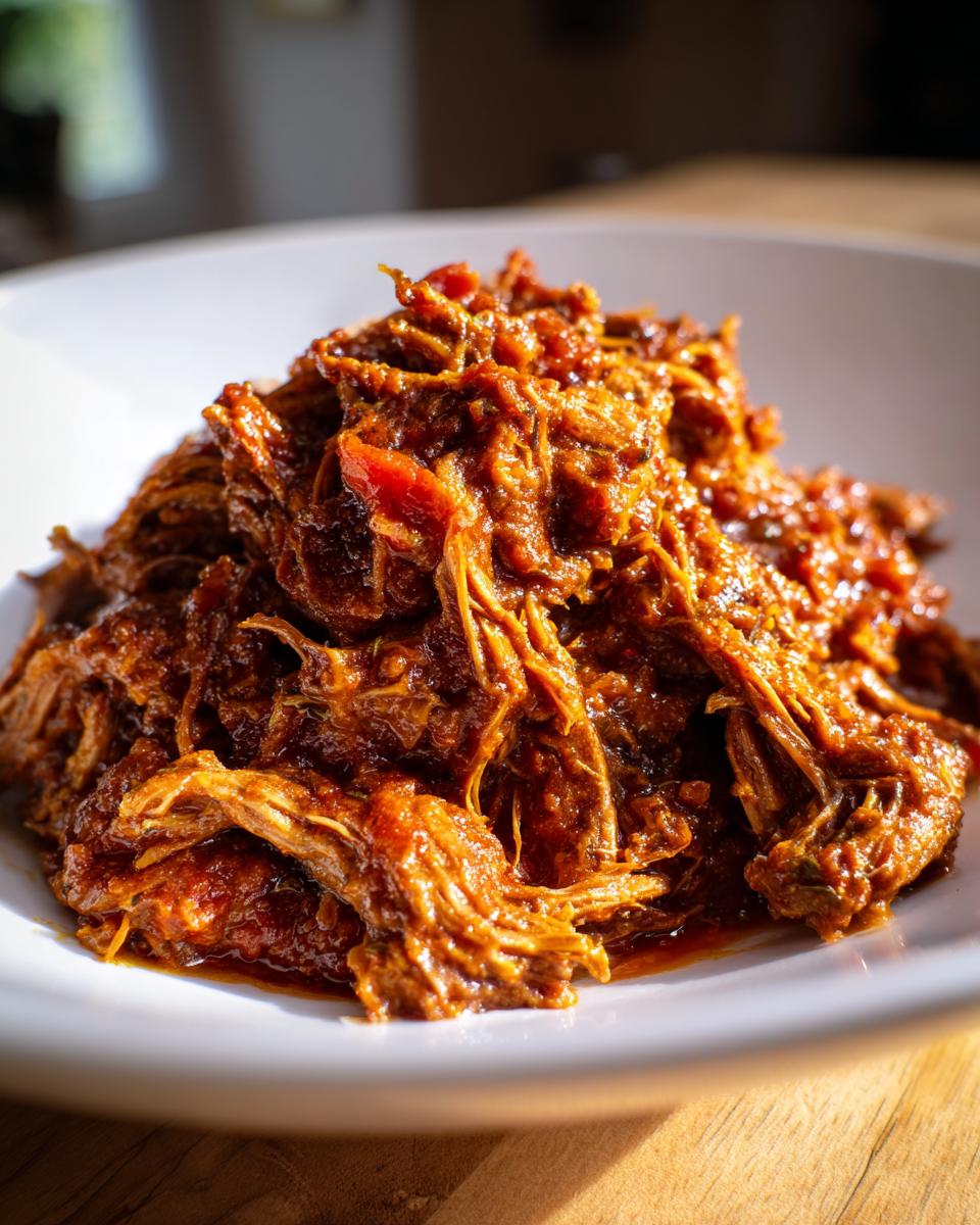Close-up of tender, shredded beef coated in a rich, dark red sauce, representing the Slow Cooker Beef Ragu Whole30 Paleo.