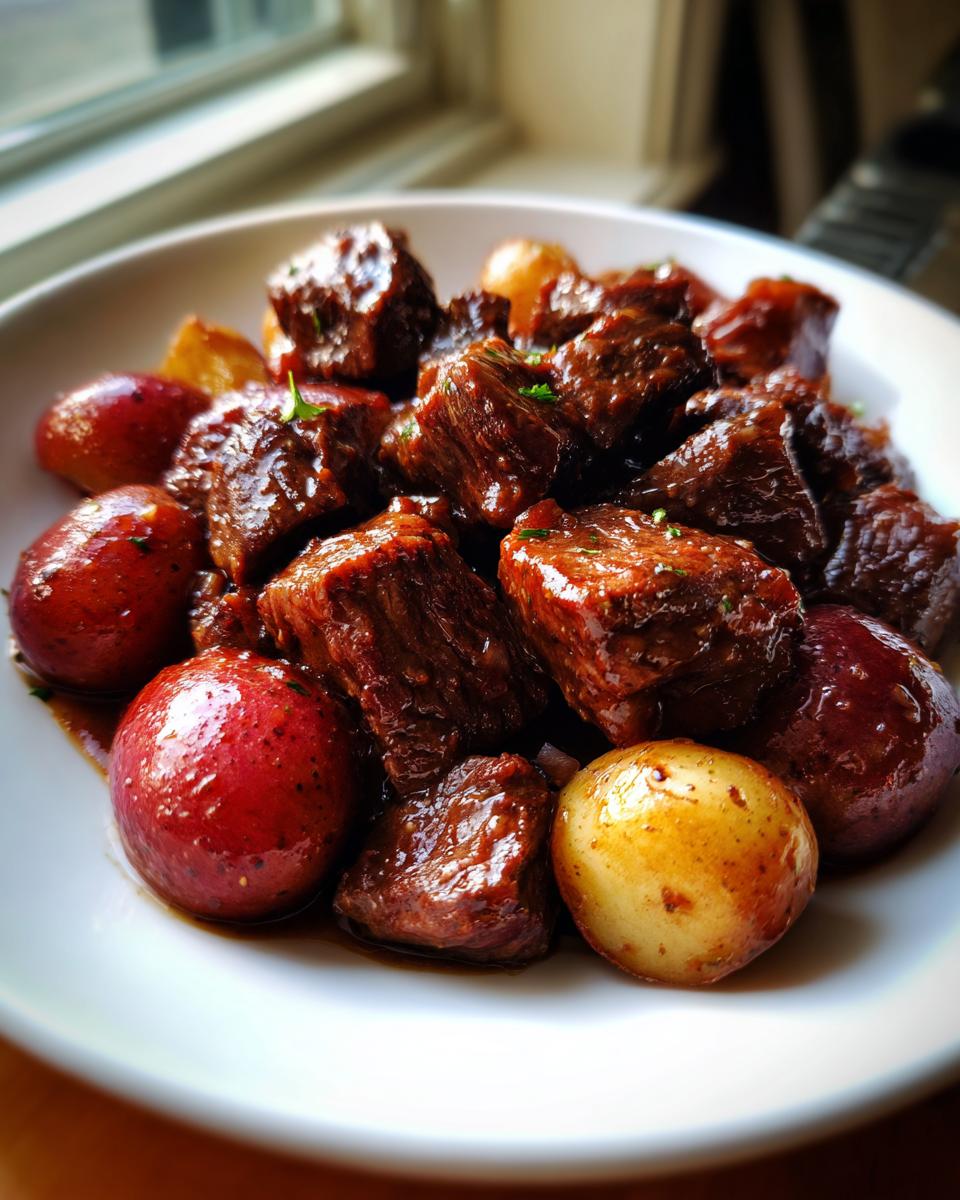 Close-up of tender Slow Cooker Garlic Butter Beef Bites Potatoes in a white bowl.