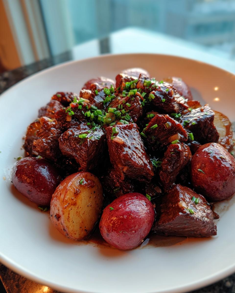 Close-up of tender Slow Cooker Garlic Butter Beef Bites Potatoes coated in rich sauce and topped with chives.