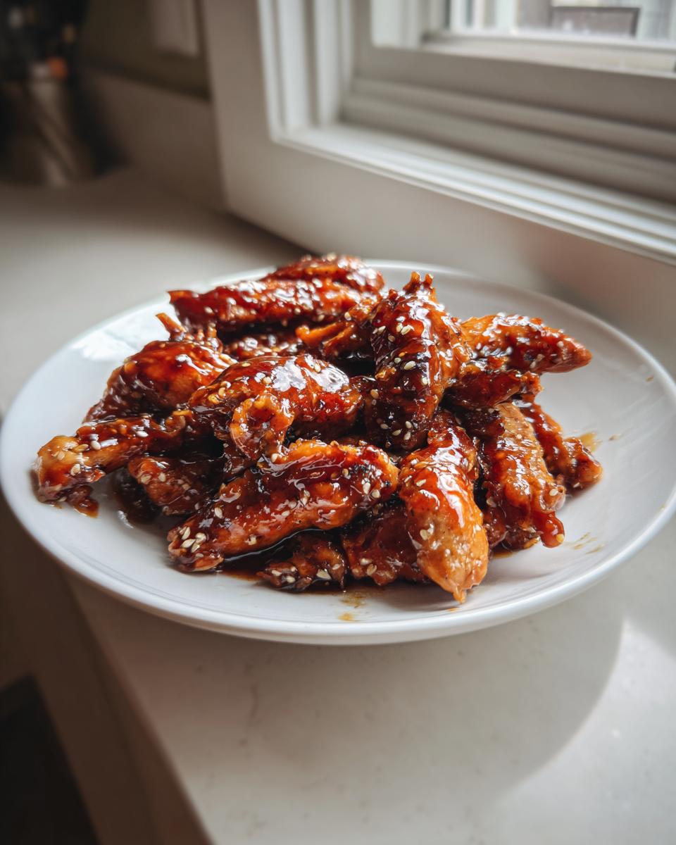A white plate piled high with sticky, glazed Slow Cooker Honey Garlic Chicken pieces sprinkled with sesame seeds.