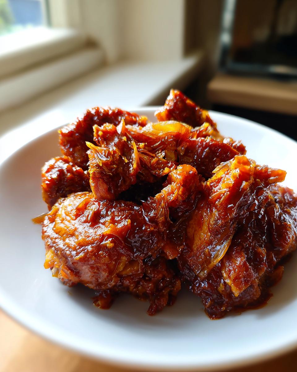 Close-up of shredded, glazed Slow Cooker Honey Garlic Chicken piled in a white bowl.