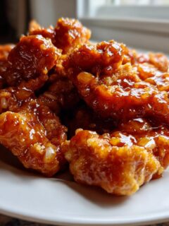 Close-up of crispy chicken pieces coated in a thick, glossy sauce, representing Slow Cooker Honey Garlic Chicken.