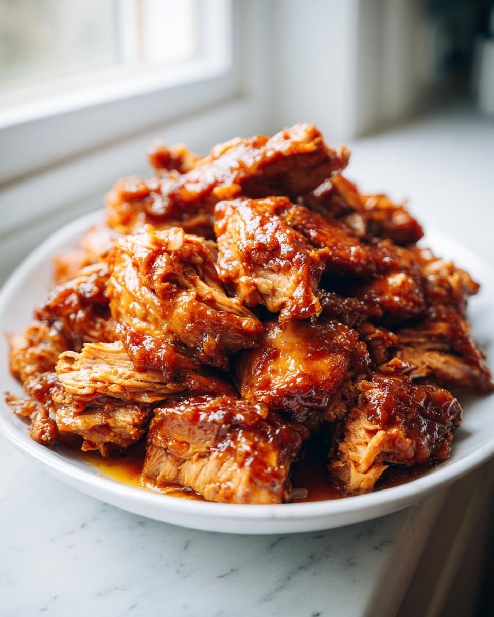A close-up of shredded Slow Cooker Honey Garlic Chicken coated in a thick, glossy sauce, piled high on a white dish.