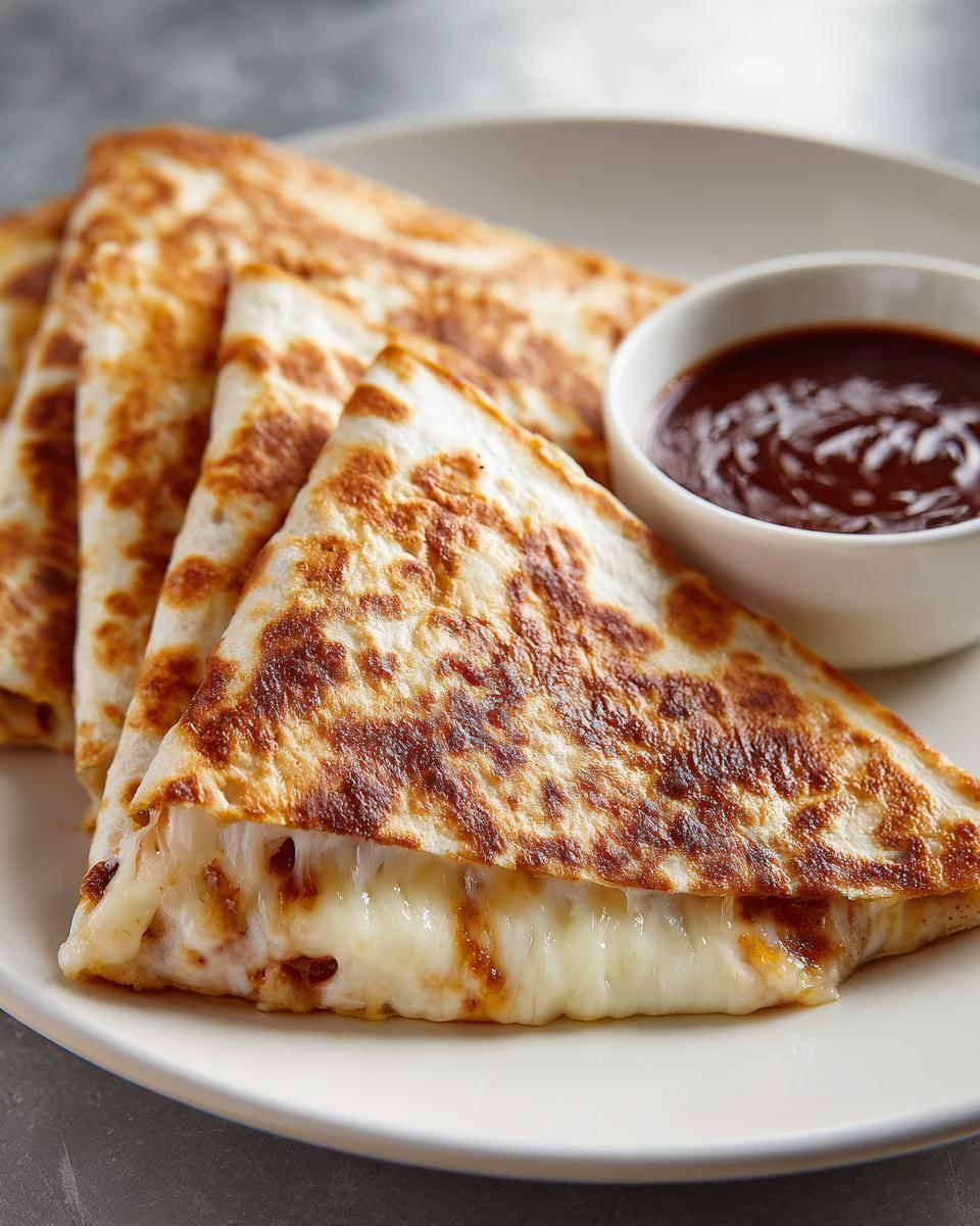 Close-up of golden-brown Smashburger Quesadillas slices oozing melted cheese, served with a side of dark dipping sauce.