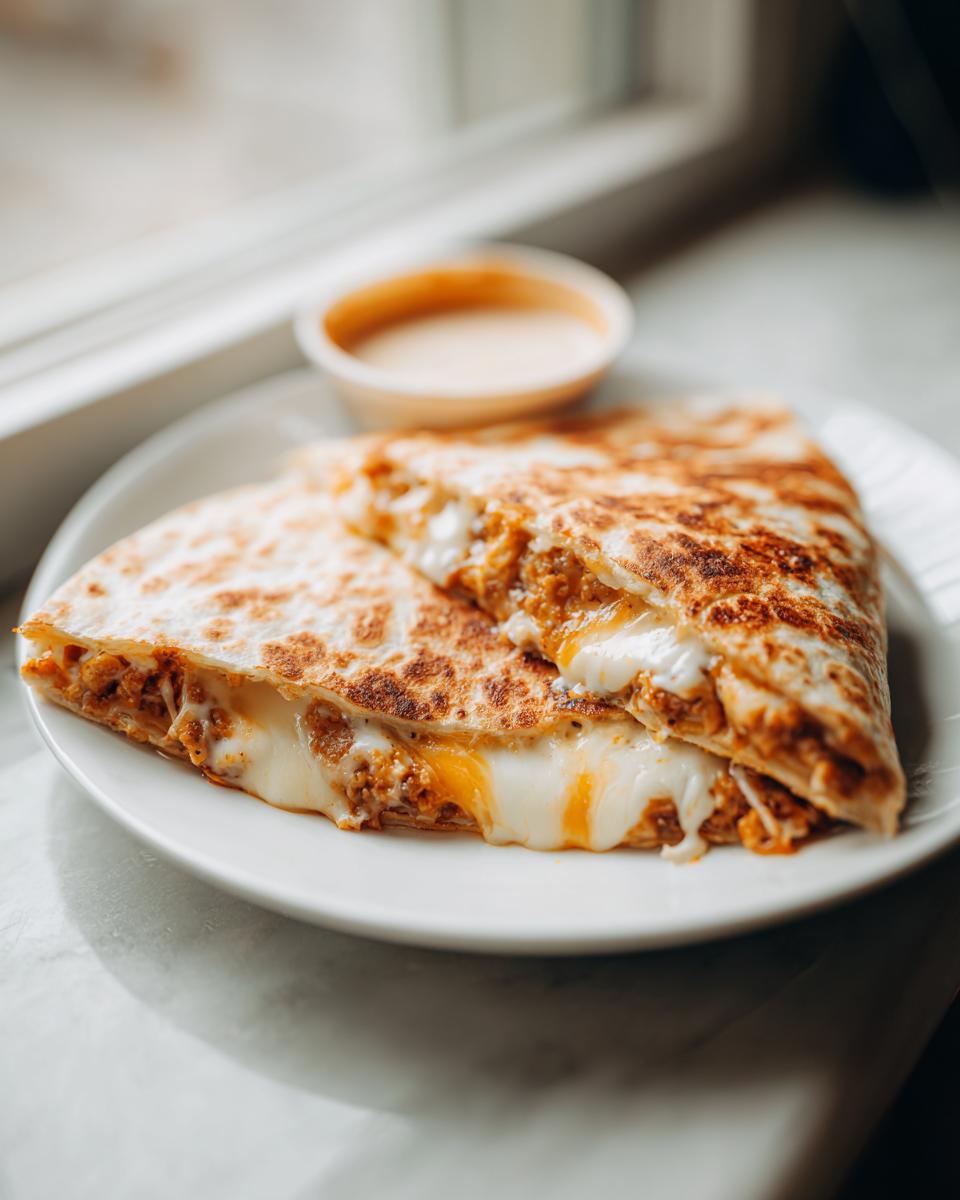 Close-up of two halves of a golden-brown Smashburger Quesadillas oozing melted cheese, served with a side of dipping sauce.