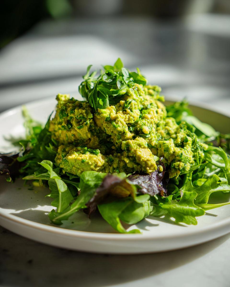 Close-up of Smashed Chickpea Avocado Pesto Salad served over mixed greens, garnished with microgreens.