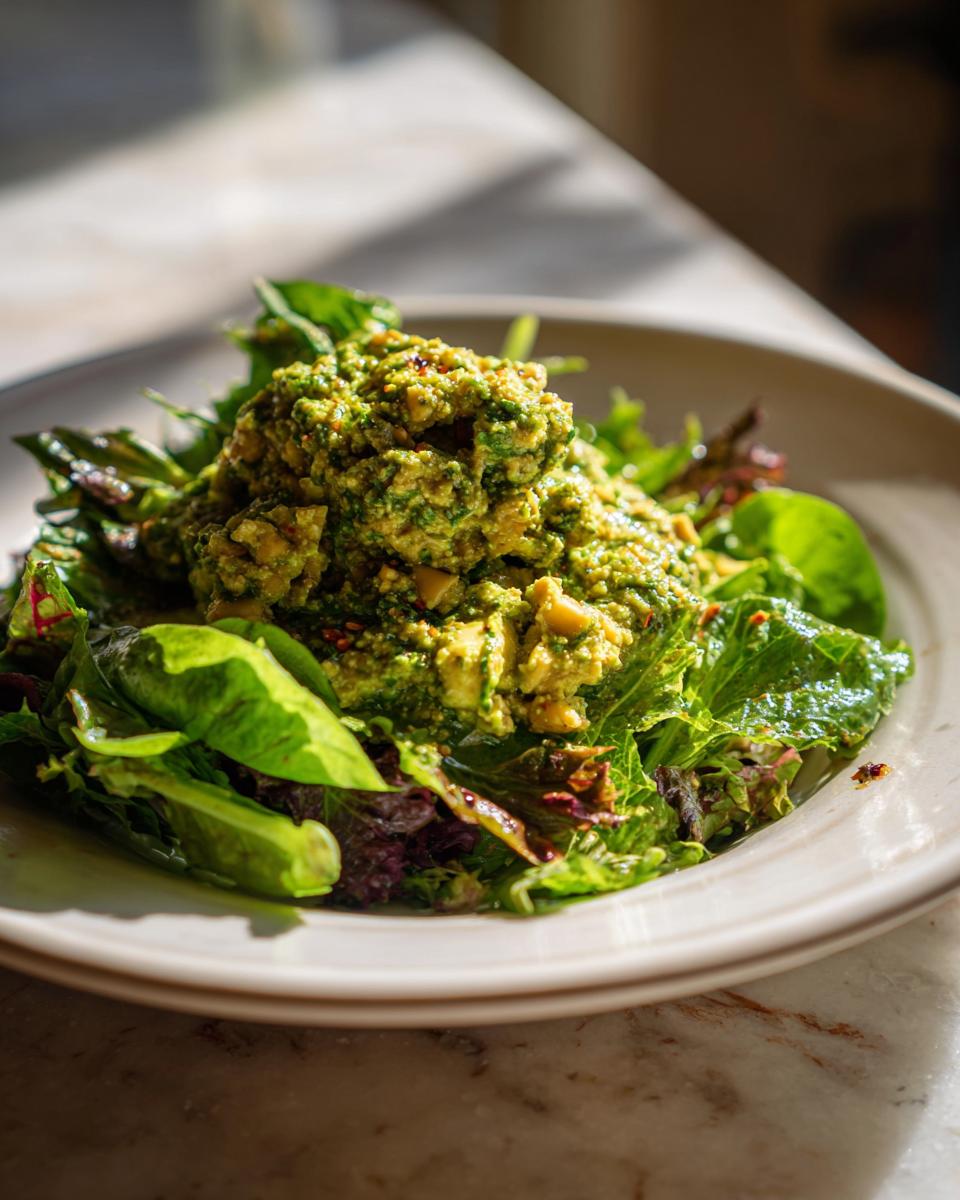 A mound of Smashed Chickpea Avocado Pesto Salad served over mixed green lettuce on a white plate.