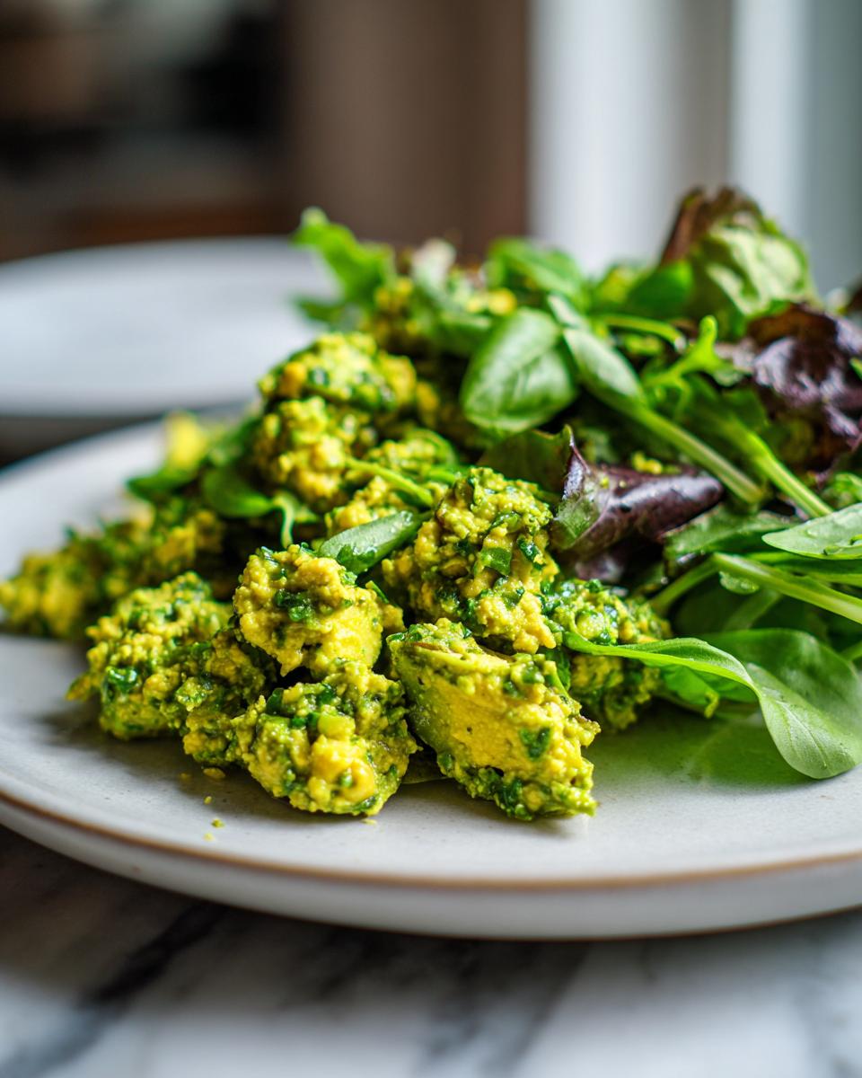 Close-up of Smashed Chickpea Avocado Pesto Salad served with mixed greens on a light plate.