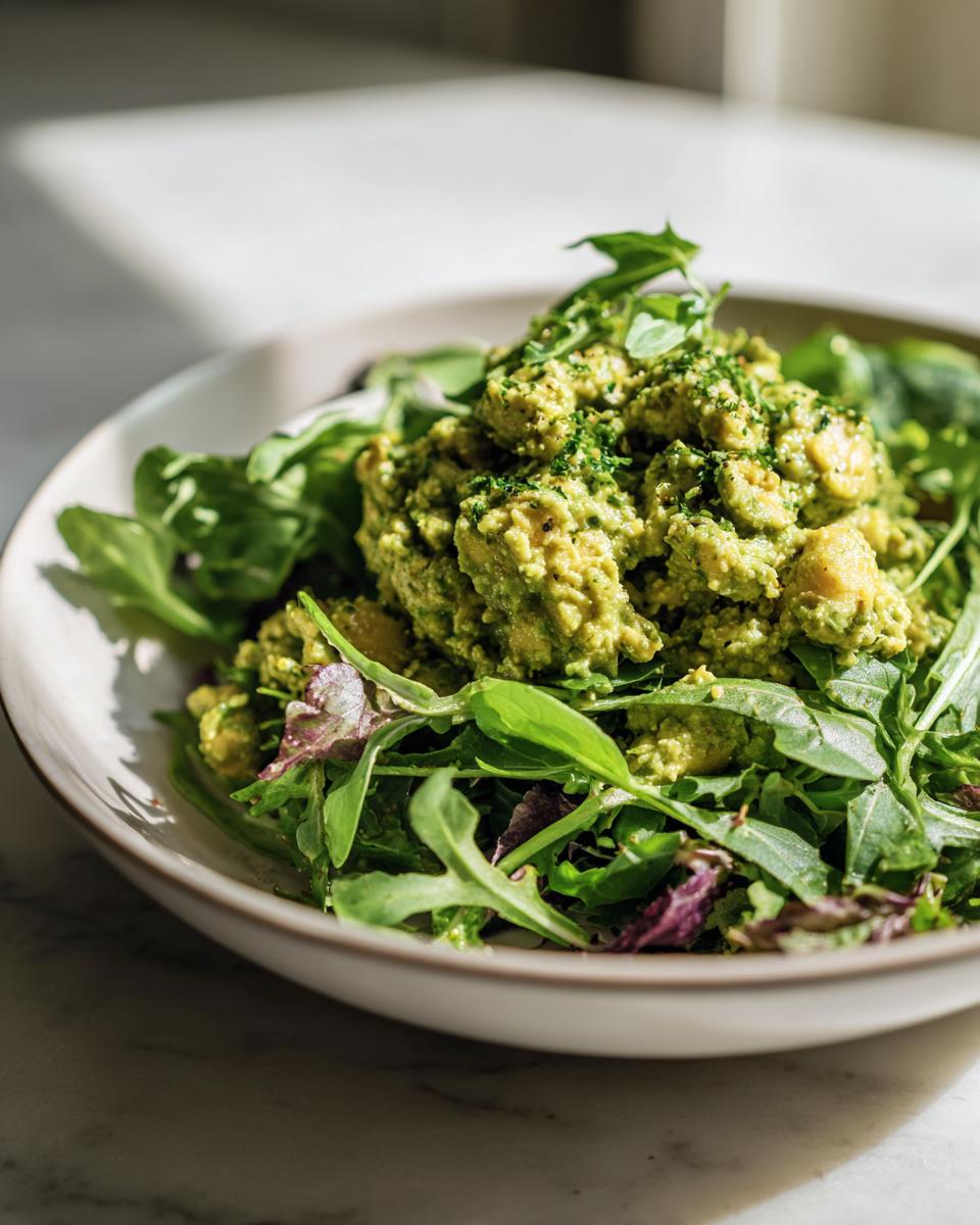A bowl of Smashed Chickpea Avocado Pesto Salad served over a bed of fresh mixed greens and arugula.