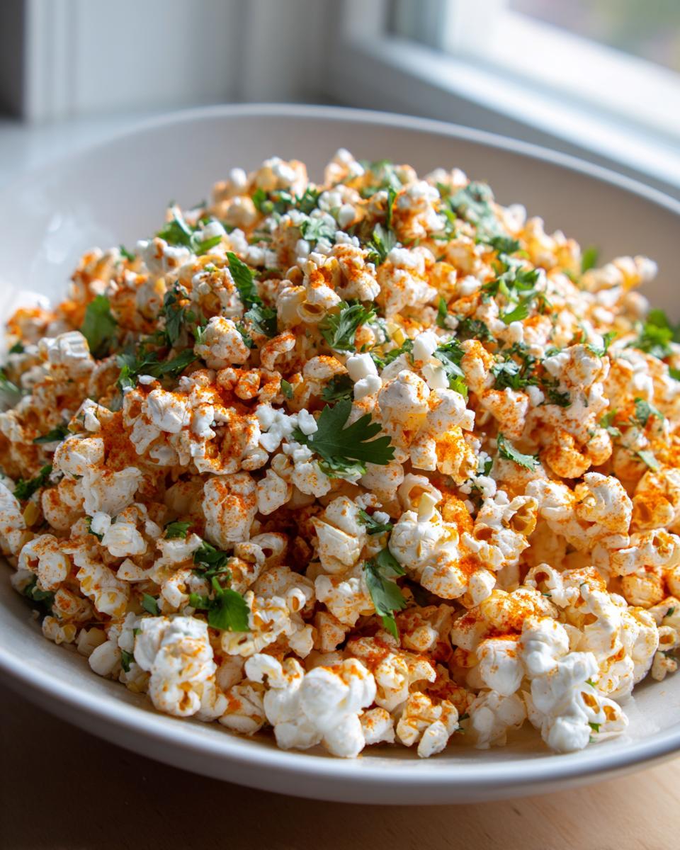 A close-up of Smoked Street Corn Popcorn Salad featuring white popcorn topped with orange seasoning, cotija cheese, and fresh cilantro.