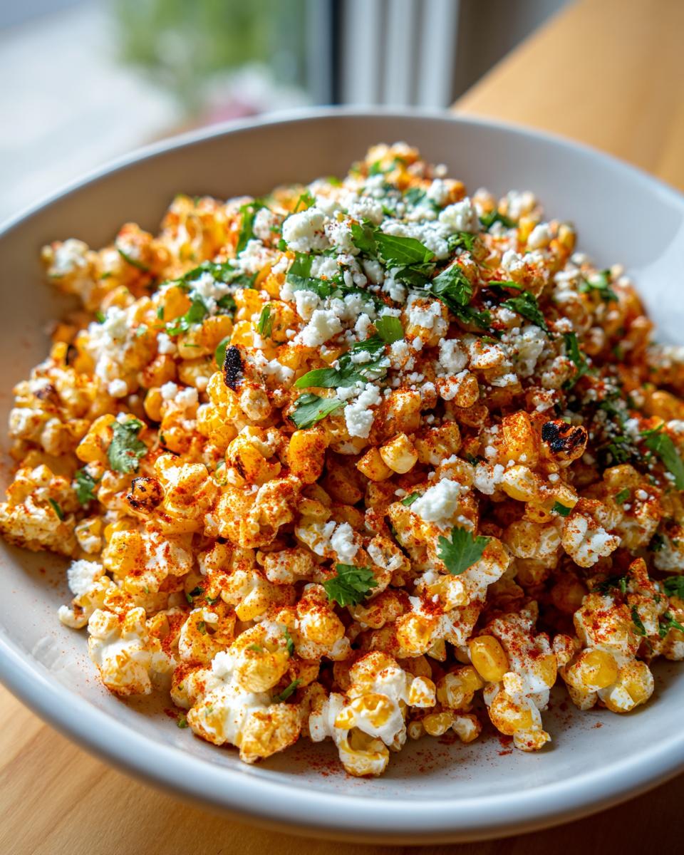 A close-up of Smoked Street Corn Popcorn Salad topped with crumbled white cheese and cilantro.