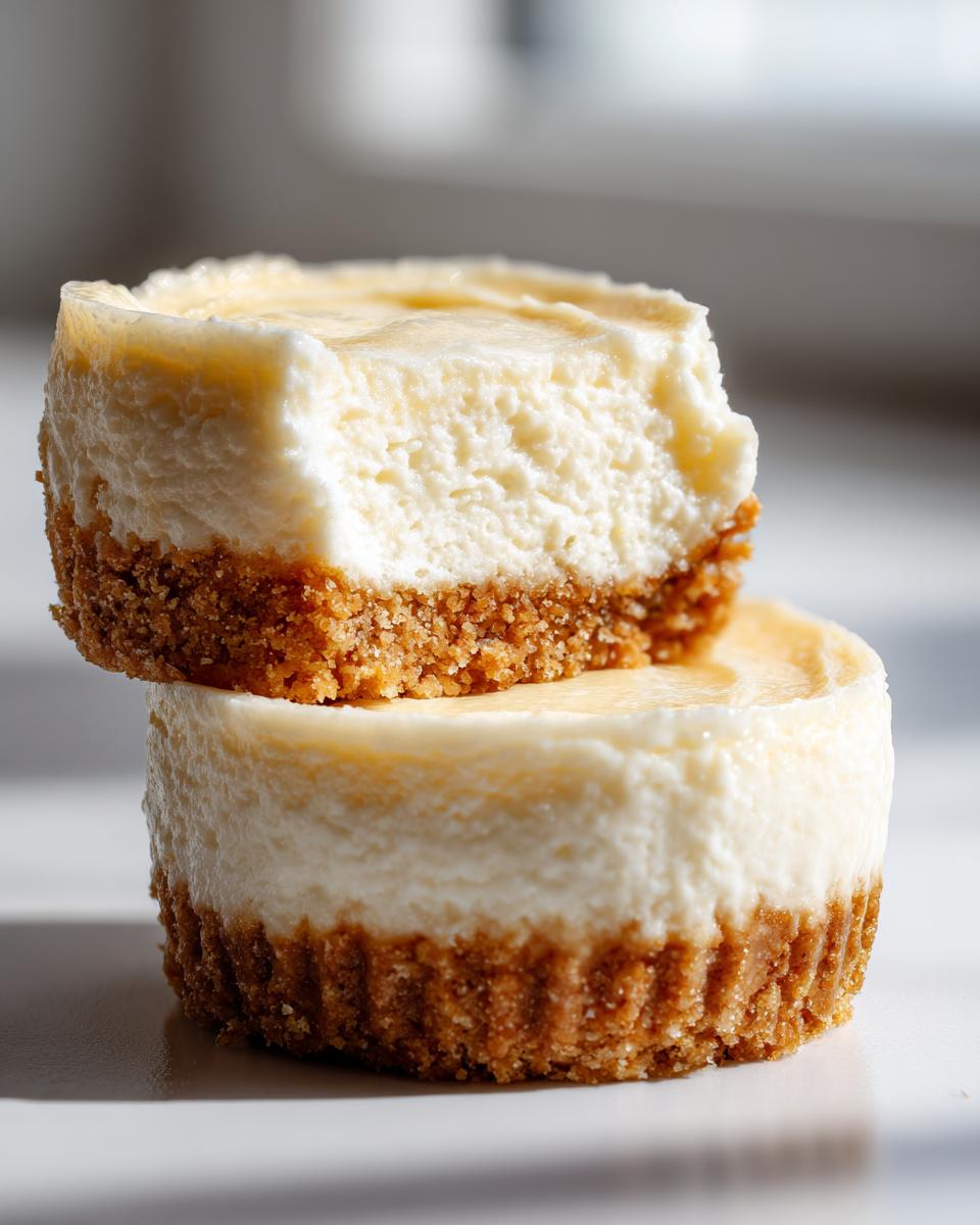 Two smooth Mini Cheesecakes stacked, showing a bite taken out of the top one revealing the creamy filling and graham cracker crust.