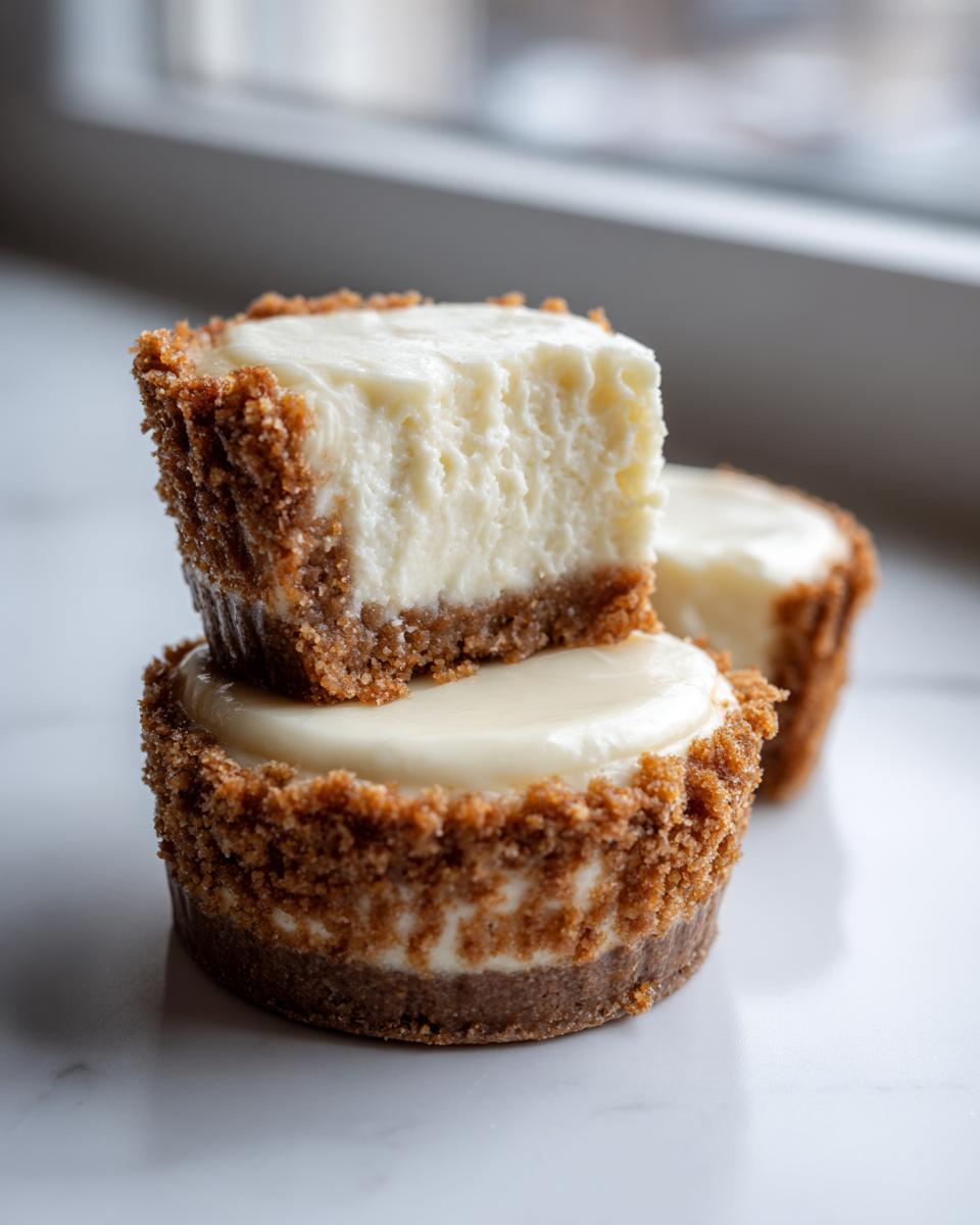 A stack of two creamy Mini Cheesecakes with thick graham cracker crusts, one cut open to show the smooth interior.