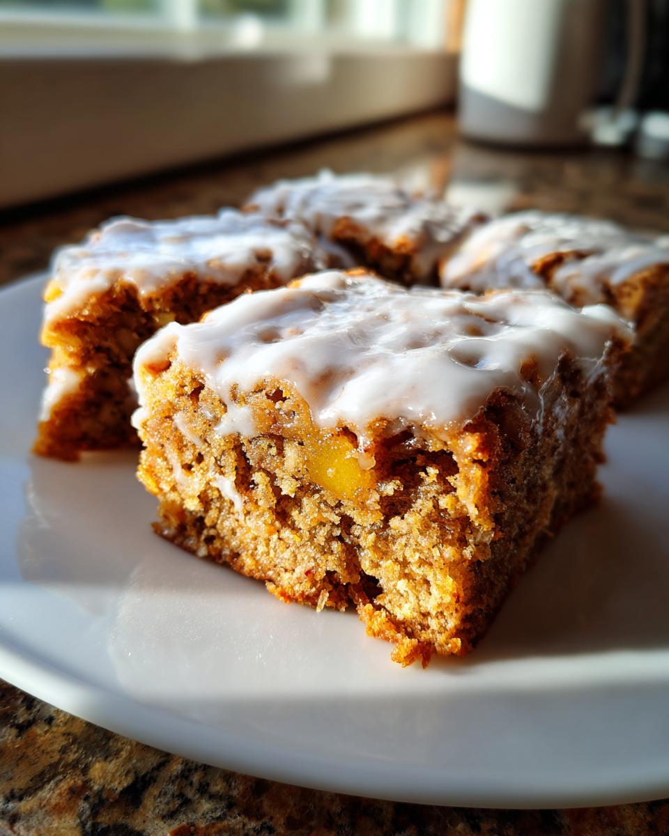 Close-up of a square Soft Chewy Apple Blondies With Maple Glaze piece showing the moist interior and thick white glaze.