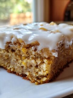A close-up of a single square of Soft Chewy Apple Blondies With Maple Glaze, featuring a thick, white maple glaze.