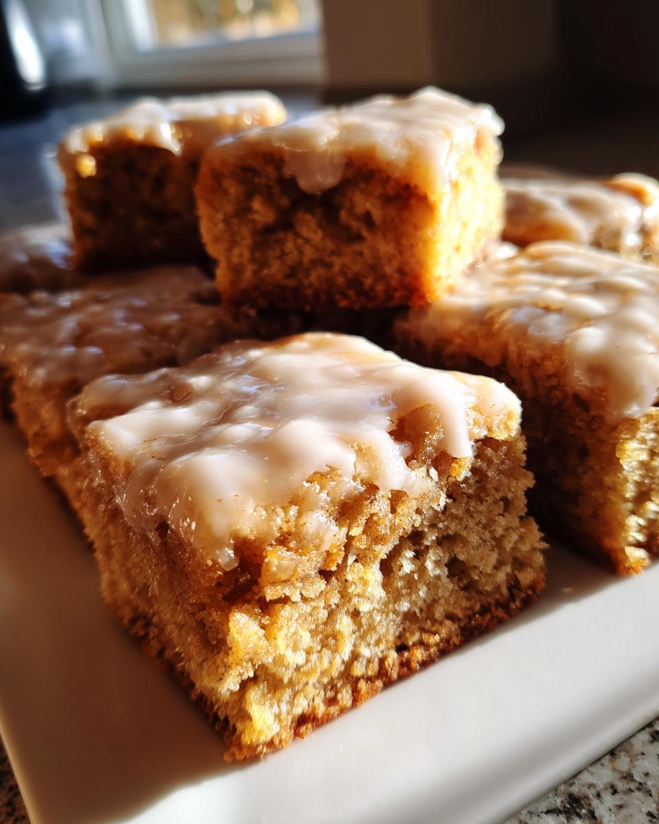 A stack of Soft Chewy Apple Blondies With Maple Glaze squares, showing their moist texture and thick white glaze.