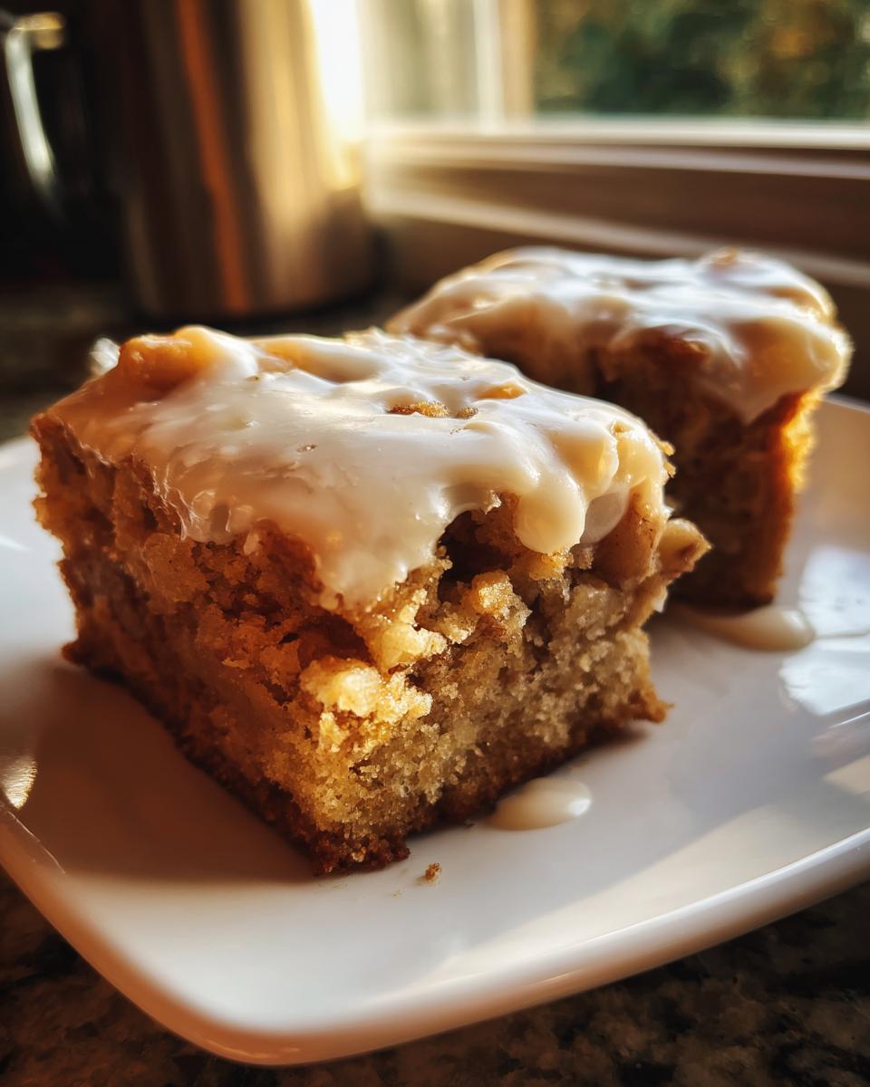 Two squares of Soft Chewy Apple Blondies With Maple Glaze topped with thick white icing on a white plate.
