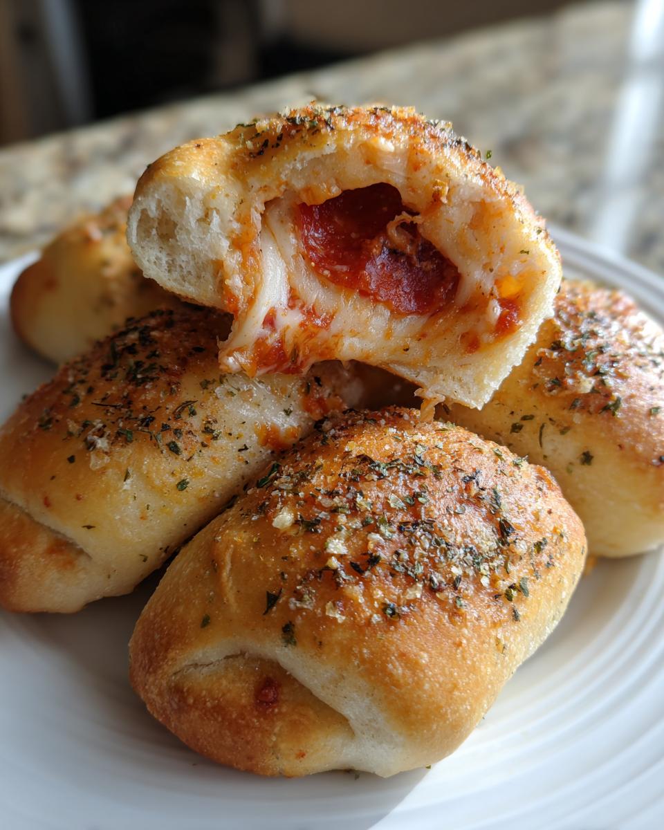 Close-up of Sourdough Pizza Bombs, one is broken open showing melted cheese and pepperoni filling.
