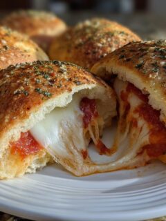 A close-up of Sourdough Pizza Bombs, one split open showing melted, stretchy mozzarella cheese and pepperoni filling.