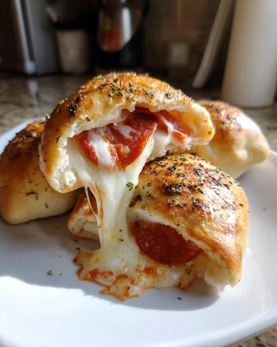 Close-up of Sourdough Pizza Bombs cut open showing melted mozzarella cheese and pepperoni.