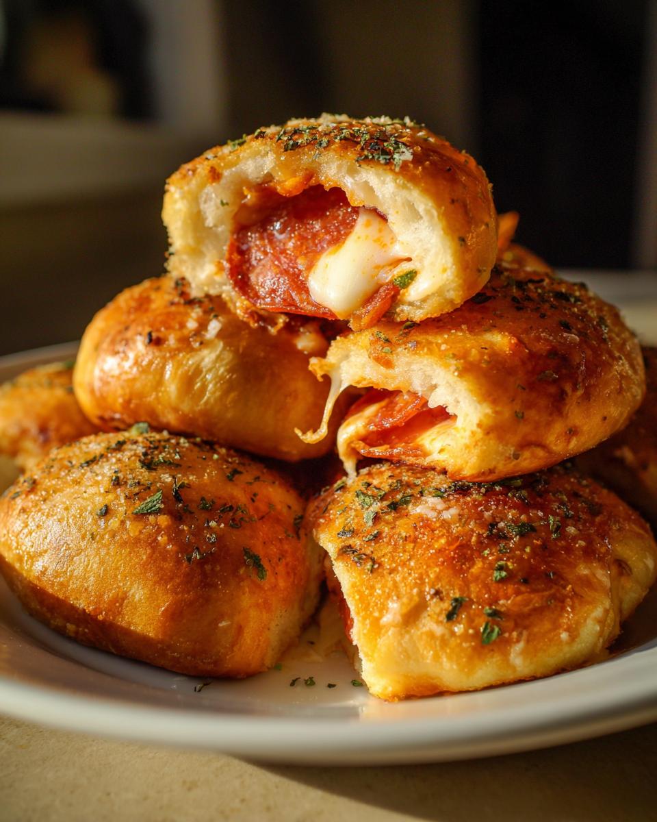 A stack of golden Sourdough Pizza Bombs, one cut open showing pepperoni and melted mozzarella cheese.