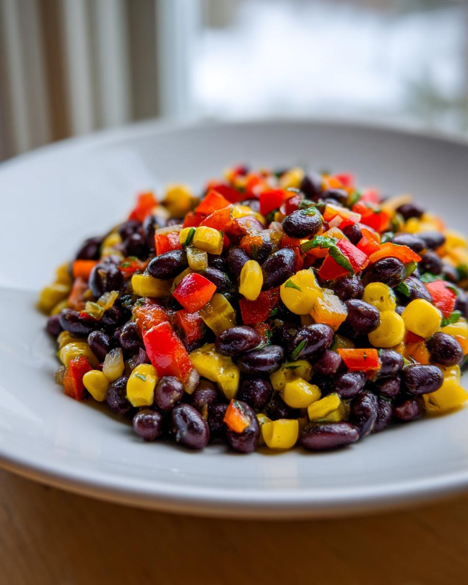 Close-up of a vibrant Southwest Black Bean Salad featuring black beans, corn, and diced red and yellow peppers.