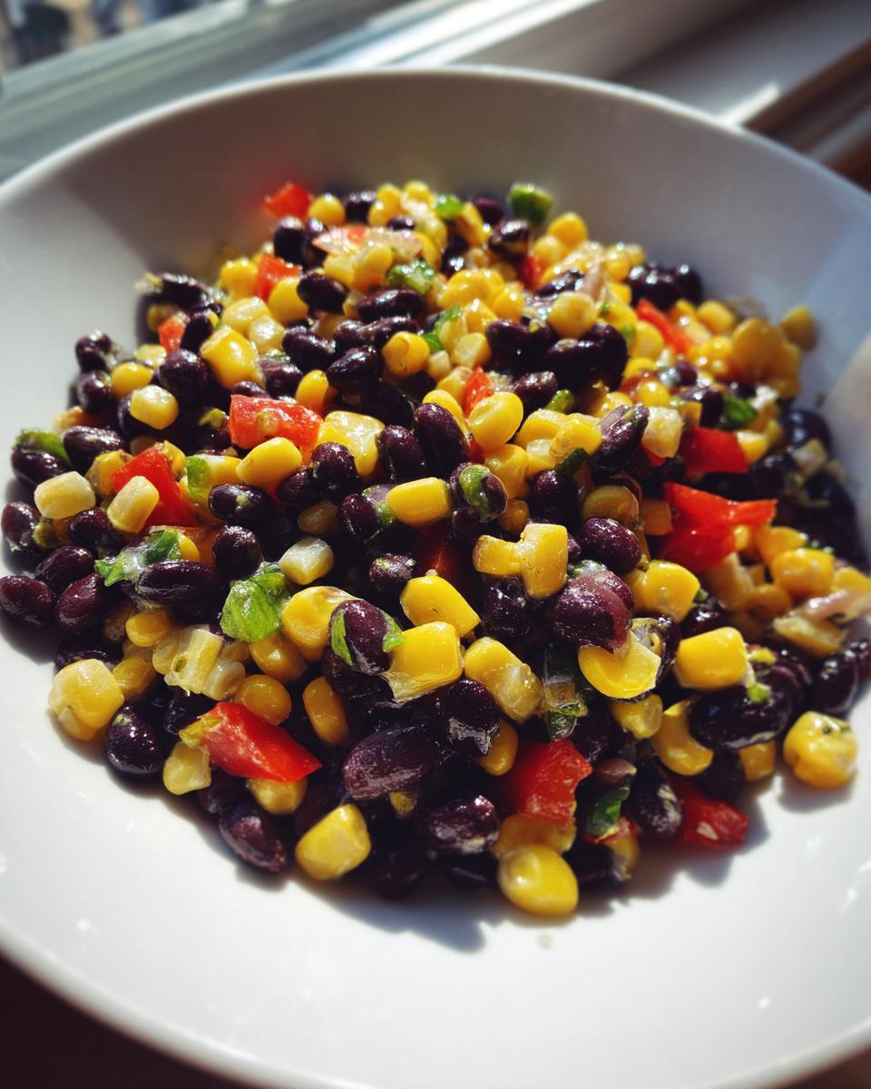 Close-up of a vibrant Southwest Black Bean Salad featuring black beans, yellow corn, and red peppers in a white bowl.