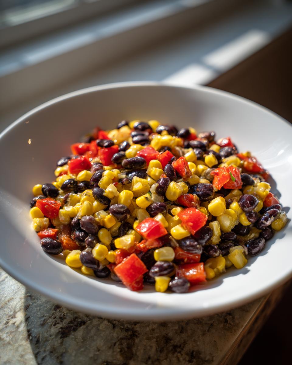 Close-up of a bright Southwest Black Bean Salad featuring black beans, corn, and diced red peppers in a white bowl.