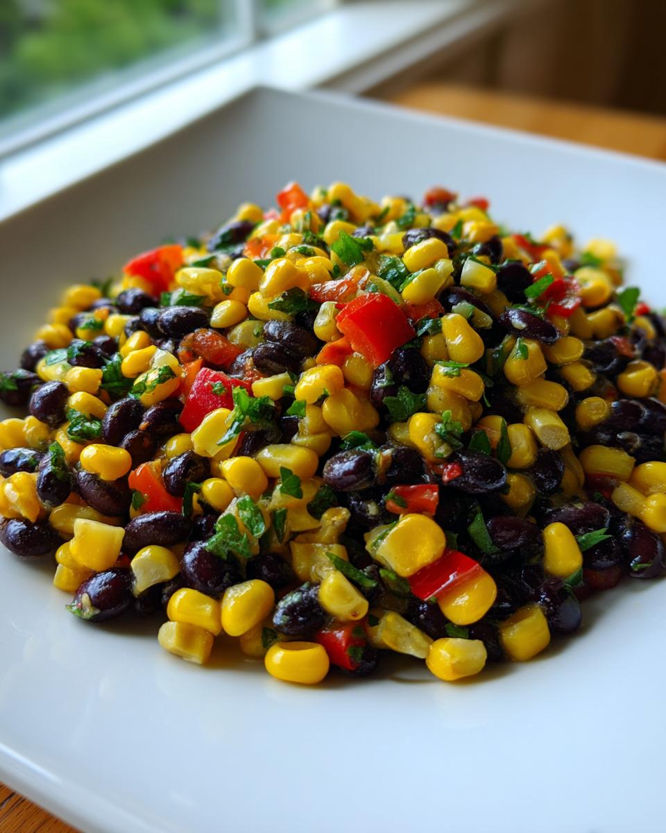 Close-up of vibrant Southwest Black Bean Salad featuring black beans, corn, red peppers, and herbs.