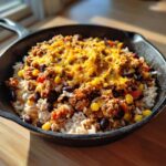 Close-up of Southwest Rice And Ground Turkey Skillet topped with melted cheddar cheese in a cast iron pan.