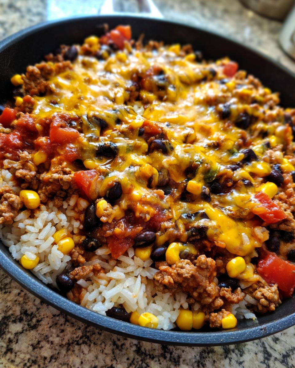 A close-up view of the Southwest Rice and Ground Turkey Skillet topped with melted cheddar cheese, corn, and black beans.