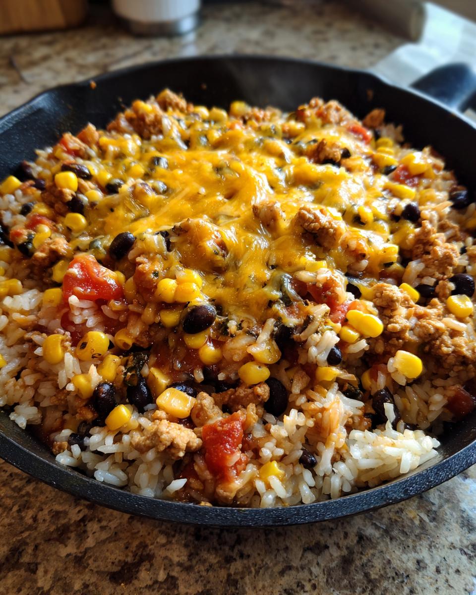 Close-up of Southwest Rice And Ground Turkey Skillet in a cast iron pan, topped with melted cheddar cheese.