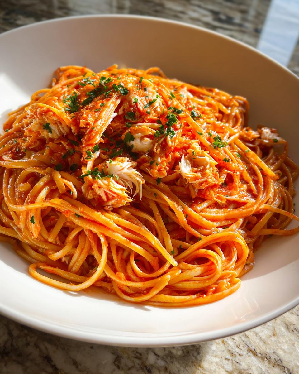 A close-up of a white bowl filled with Spicy Crab Linguettine tossed in a rich, orange-red sauce and topped with flaked crab meat and fresh parsley.