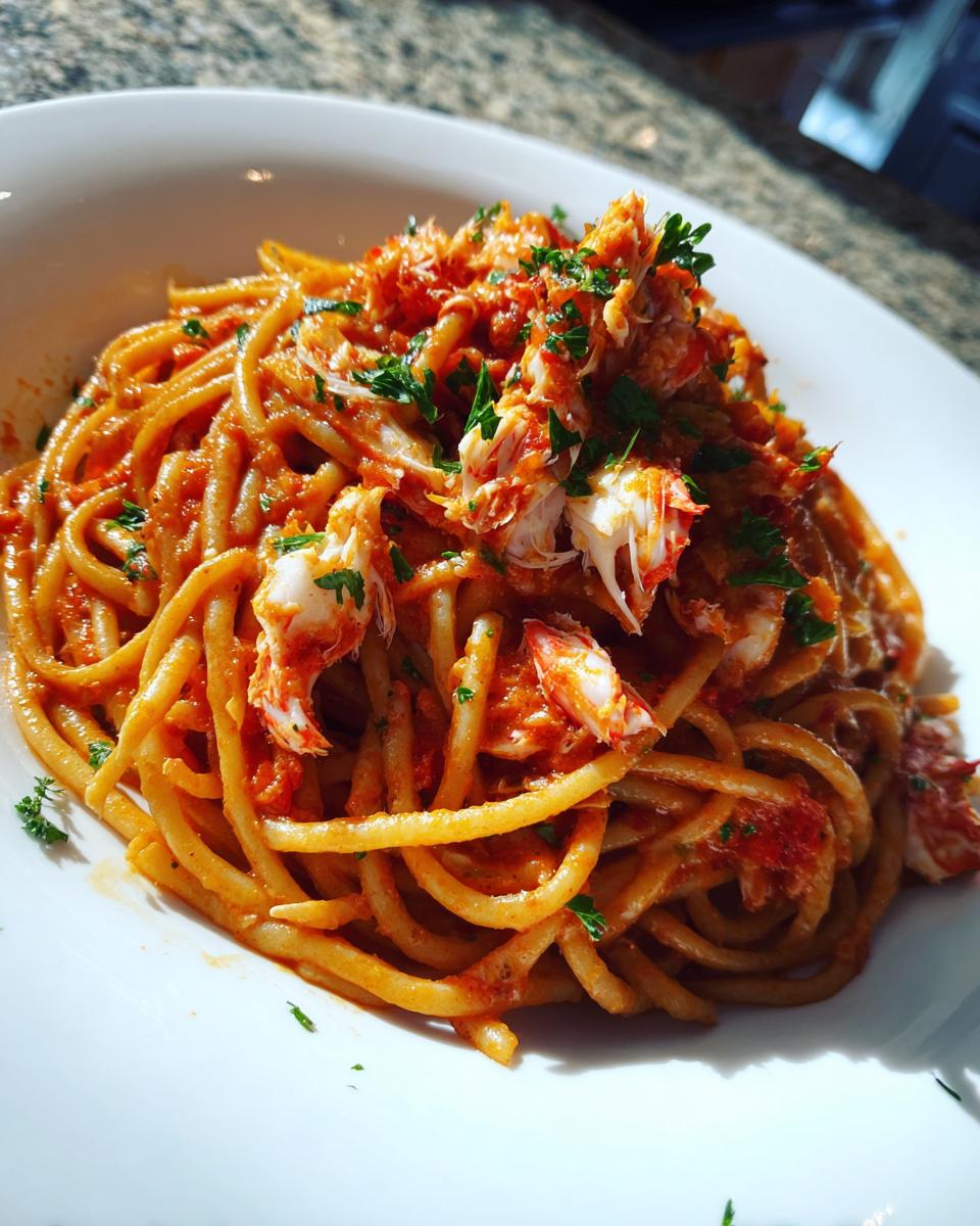 A close-up serving of Spicy Crab Linguettine tossed in a rich red sauce and topped with generous chunks of crab meat and parsley.