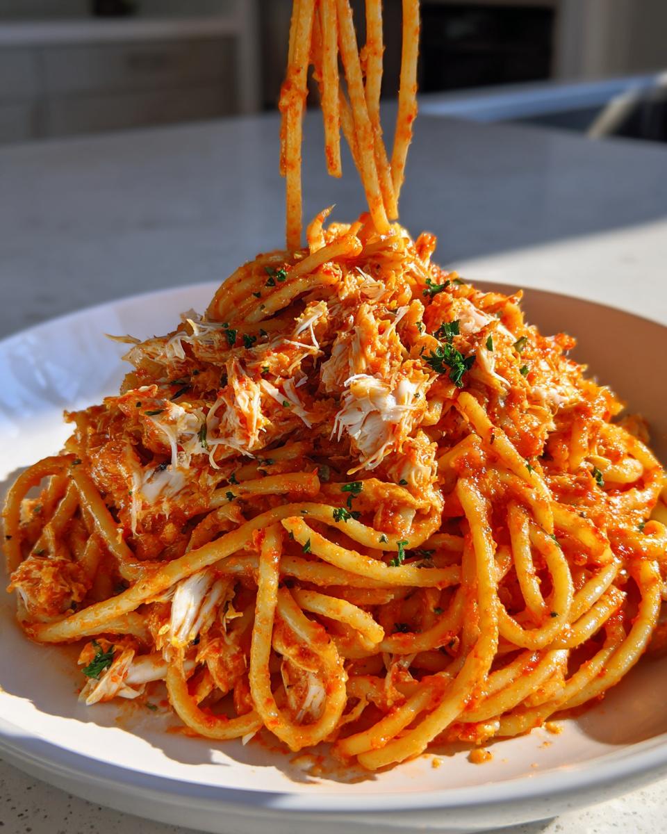 A close-up of a generous serving of Spicy Crab Linguettine being lifted by a fork.