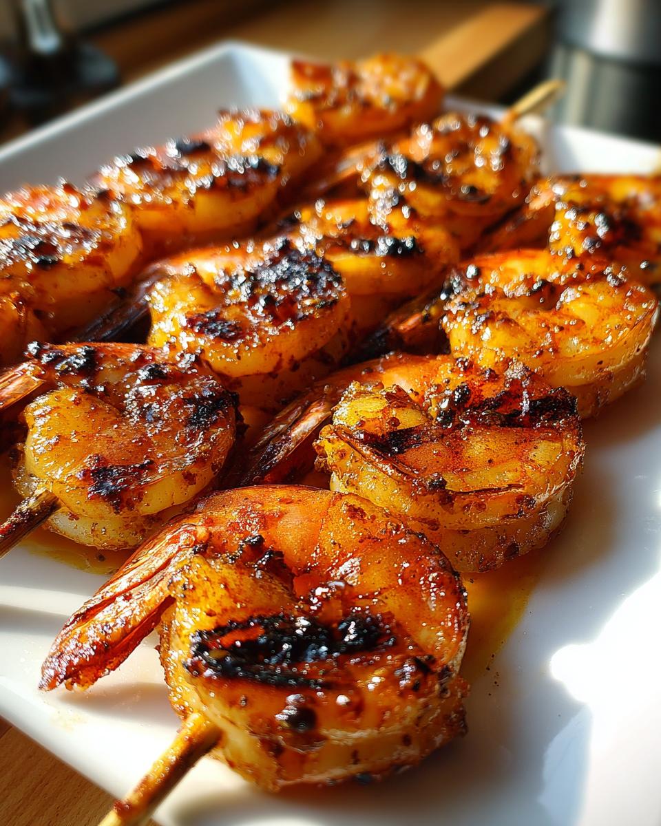 Close-up of perfectly charred and glazed Spicy Grilled Shrimp Skewers arranged on a white serving platter.