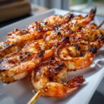Close-up of several perfectly cooked Spicy Grilled Shrimp Skewers glistening with glaze on a white platter.