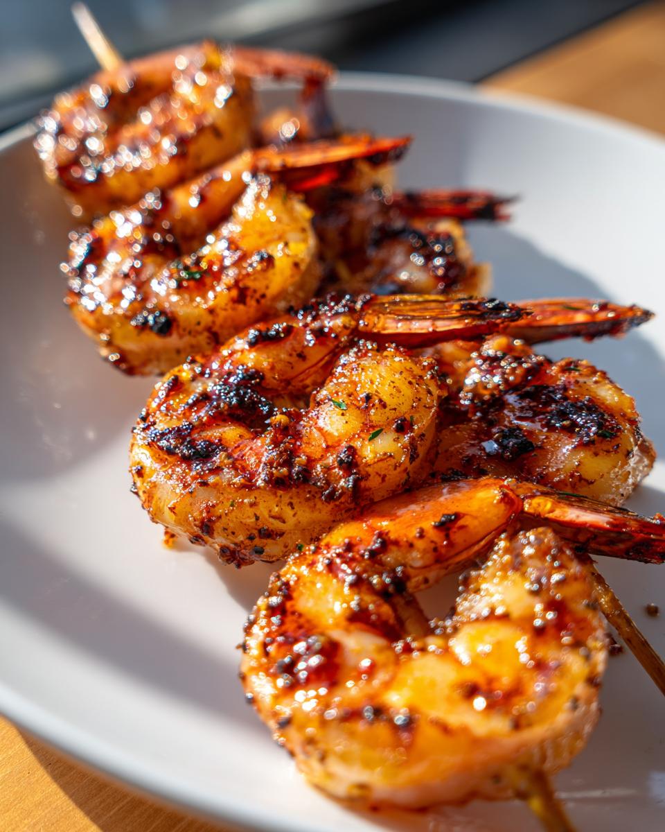 Close-up of succulent, charred Spicy Grilled Shrimp Skewers glistening with seasoning on a white plate.