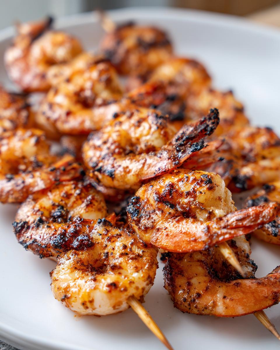 Close-up of perfectly cooked Spicy Grilled Shrimp Skewers showing char marks and seasoning on a white plate.