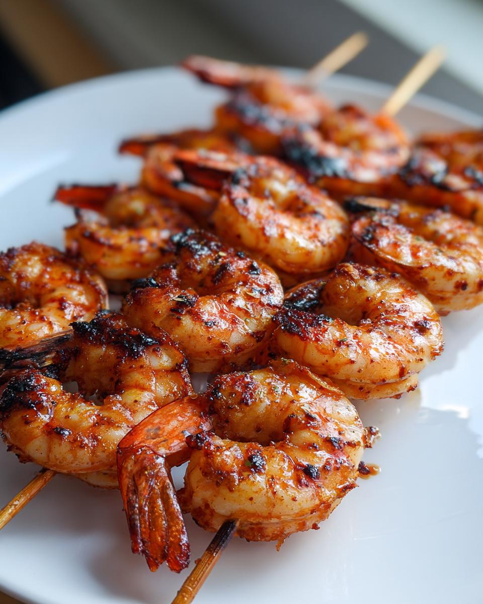 Close-up of several juicy Spicy Grilled Shrimp Skewers resting on a white plate, showing char marks.