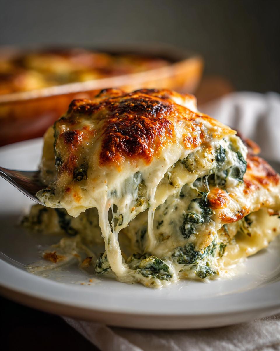 A serving of Spinach Artichoke Ravioli Bake being lifted, showing extreme cheese pull and a golden-brown top.