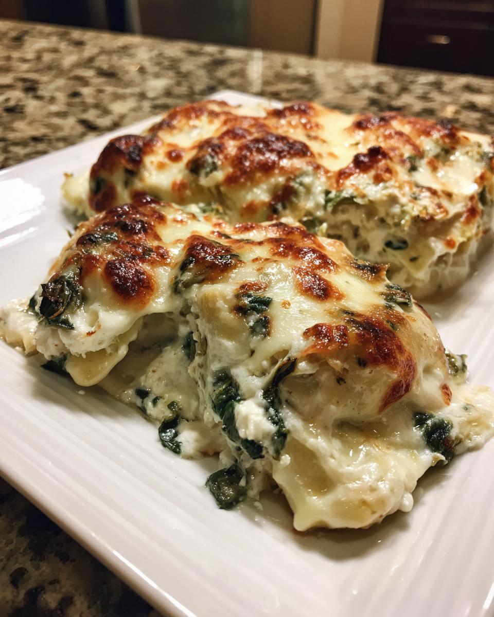 Two servings of creamy Spinach Artichoke Ravioli Bake topped with bubbly, browned mozzarella cheese.
