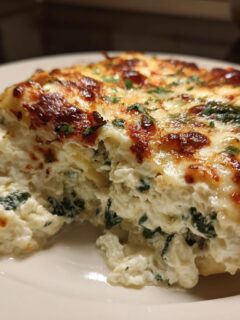 A close-up serving of rich Spinach Artichoke Ravioli Bake, showing creamy filling and a golden-brown, bubbly cheese topping.