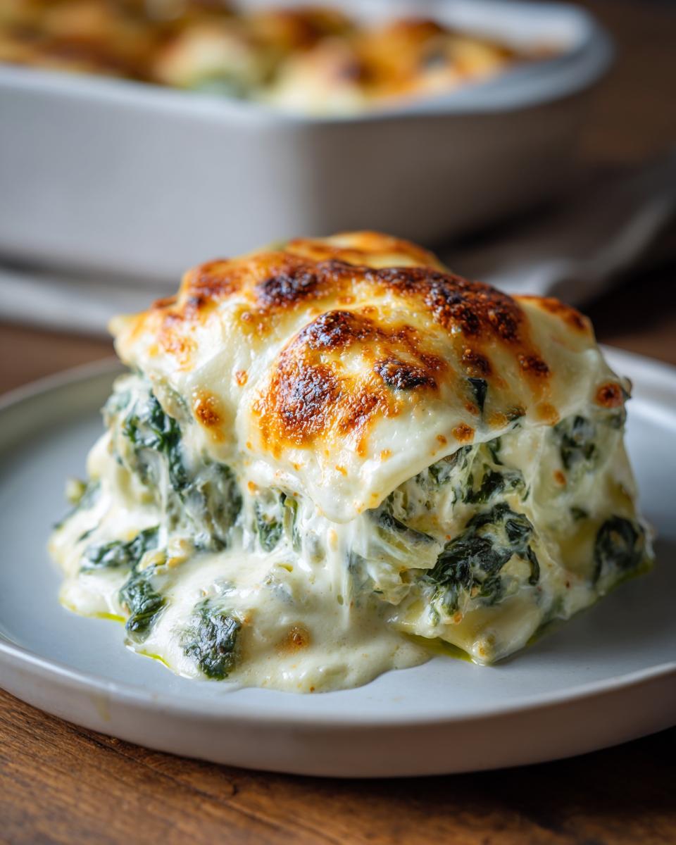 A close-up serving of Spinach Artichoke Ravioli Bake, layered and topped with bubbly, browned cheese sauce.