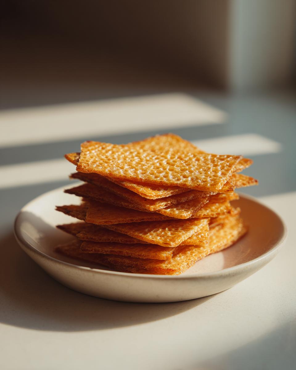 A stack of golden brown, crispy Cottage Cheese Chips with a bubbly texture, served on a small white plate.