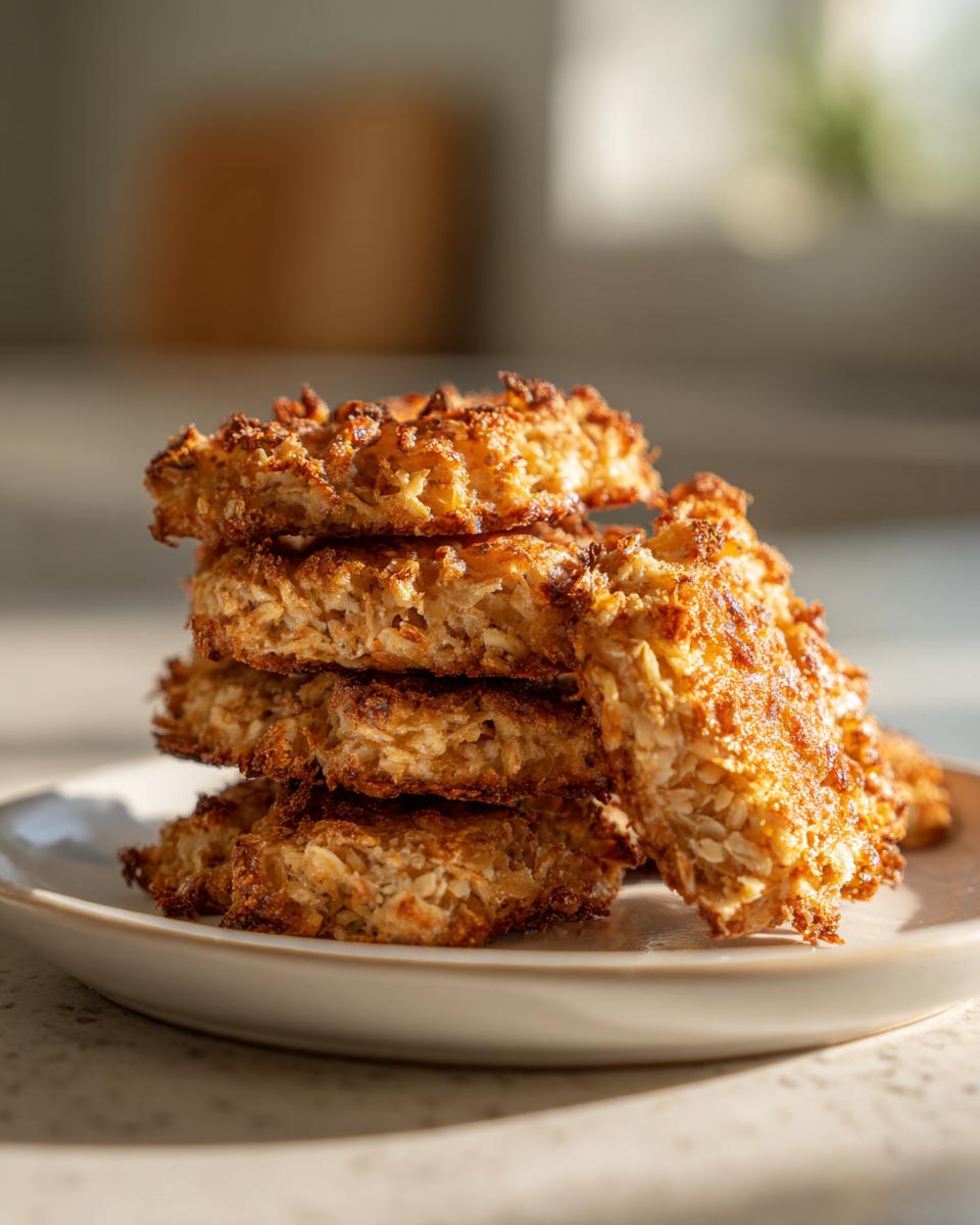A stack of five golden brown, crispy Cottage Cheese Chips made with oats, served on a light ceramic plate.