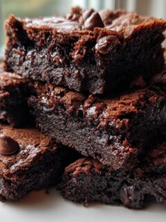 A stack of rich, fudgy One Bowl Brownies topped with melted chocolate chips, resting on a white plate.