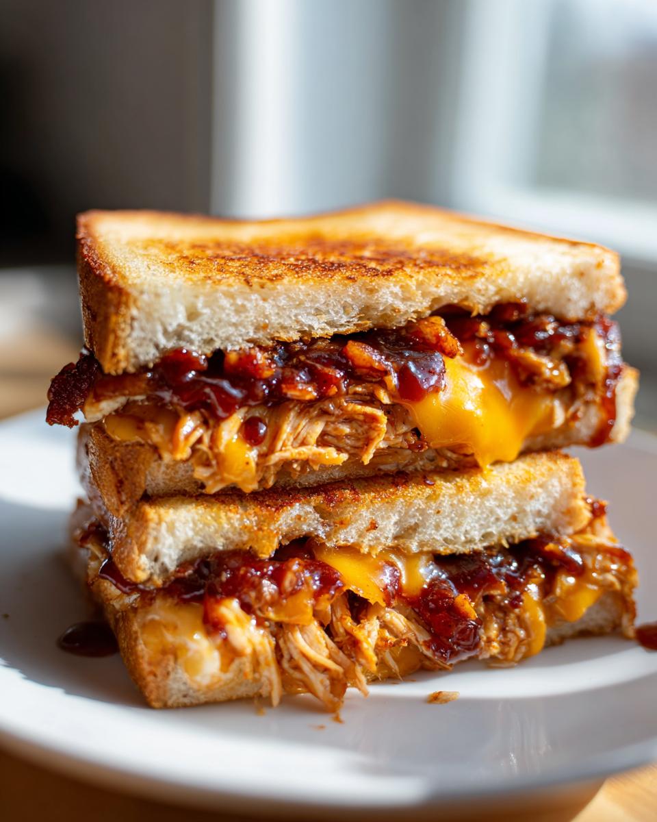 Two halves of a stacked BBQ Chicken Grilled Cheese sandwich showing melted cheddar, pulled chicken, and rich BBQ sauce.