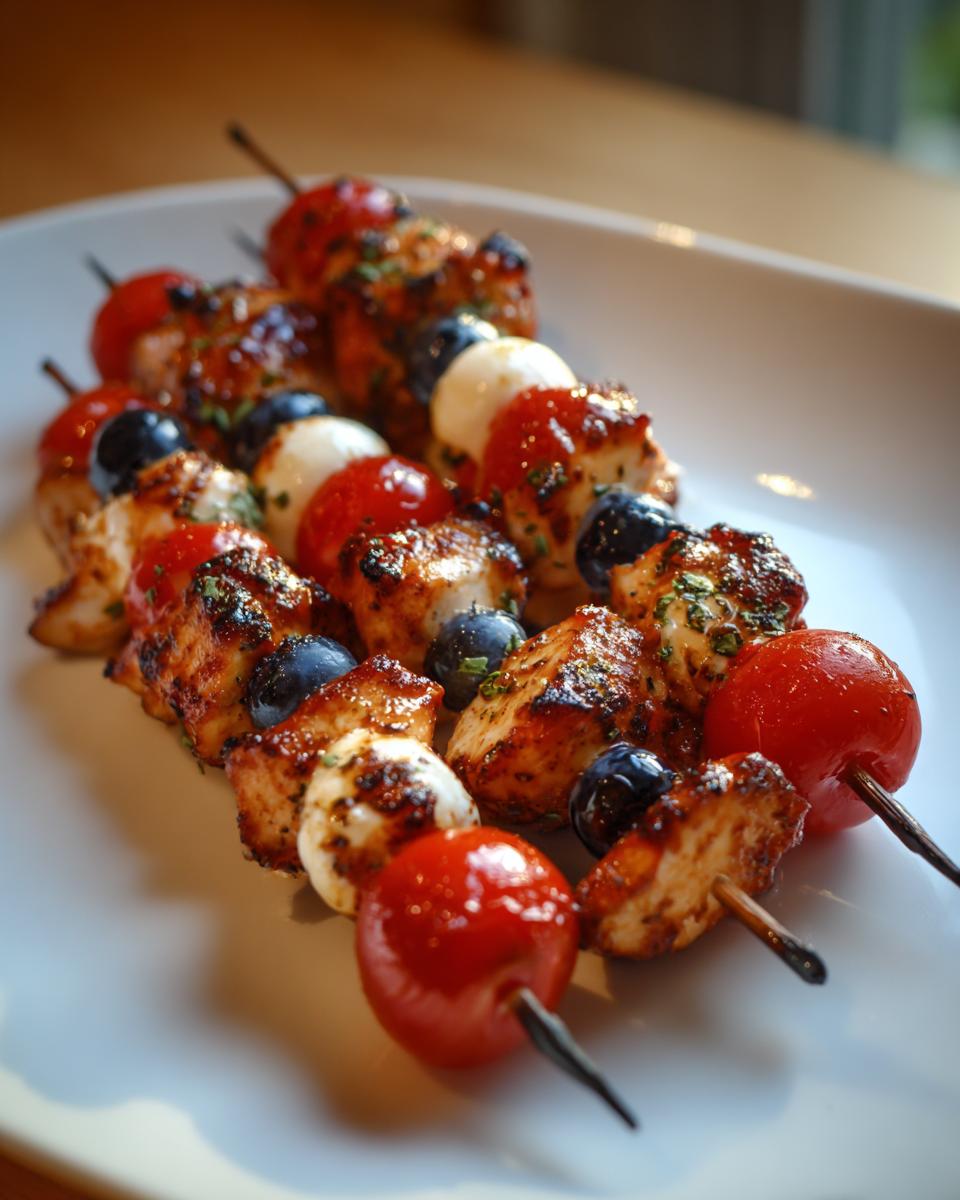 Close-up of grilled chicken, mozzarella balls, cherry tomatoes, and blueberries on skewers, representing Star Spangled Skewers.
